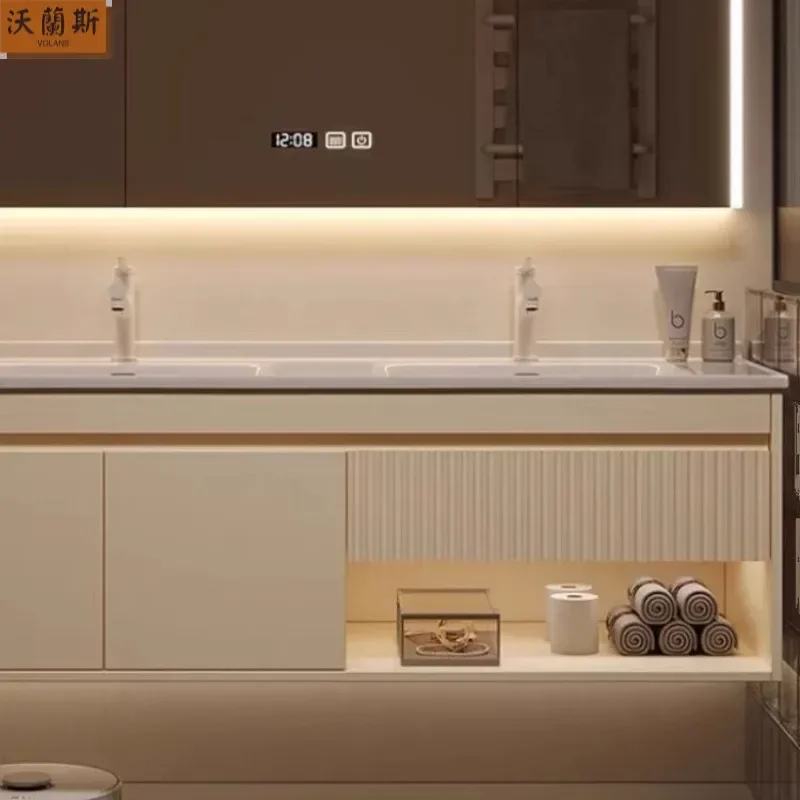 Ceramic Cream Integrated Double Basin Solid Rubber Wood Bathroom Cabinet with Intelligent Combination Toilet and Wash Face