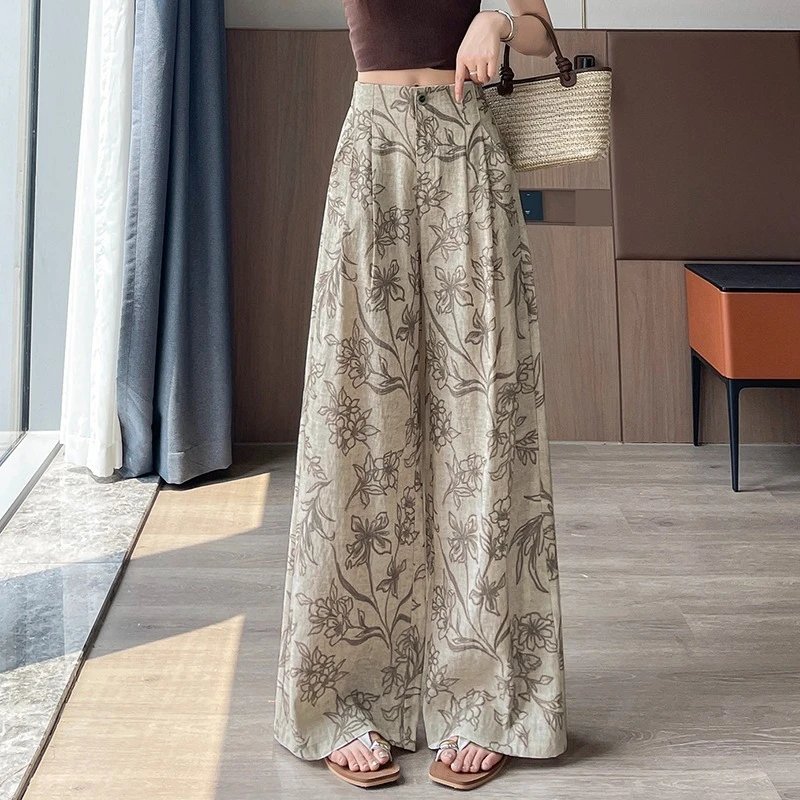 โซลวินเทจผ้าฝ้ายและผ้าลินินลายดอกไม้พิมพ์กางเกงขากว้างของผู้หญิง 2025 ใหม่เอวสูงปุ่มเดียวกางเกงหลวมๆสบายๆ
