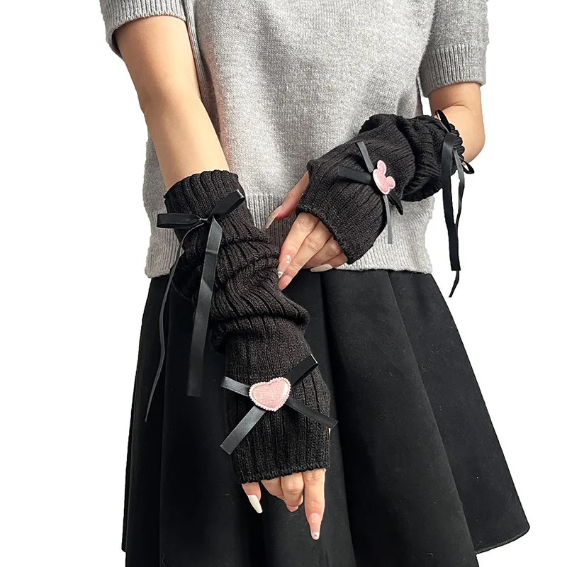 اليابانية طالبة Kawaii محبوك غطاء للذراع الحلو وتنفس لوليتا القوس الحب نصف إصبع غطاء للأكمام اليد