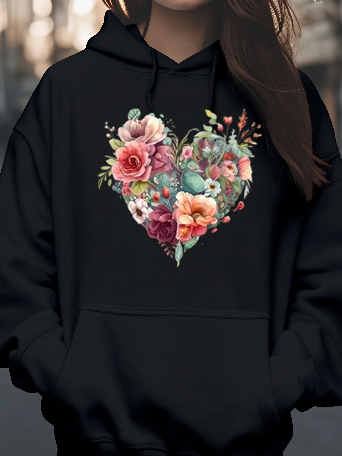 

Толстовка с капюшоном на день Святого Валентина с цветочным принтом в виде сердца, повседневная одежда, женская мода