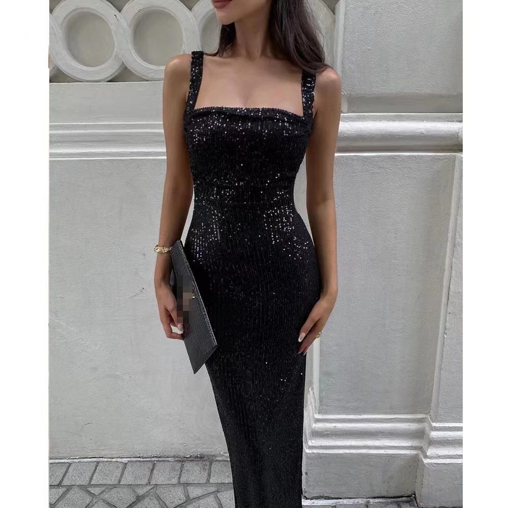 Vestido de fiesta sexy con cuello cuad, ajustado, sin espalda, con abertura, adornado con cuentas brillantes, de manga la...