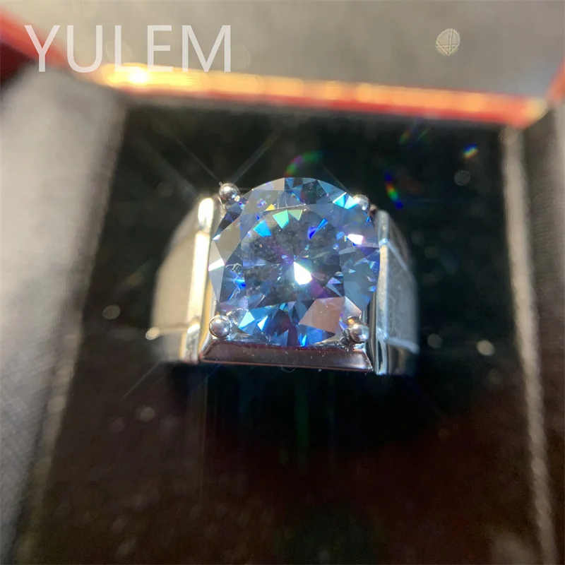 YULEM Big Size Blue Moissanite Men Ring 5ct 11x11mm Rings for Men 925 Silver Luxury Jewelry Best Gift for Men