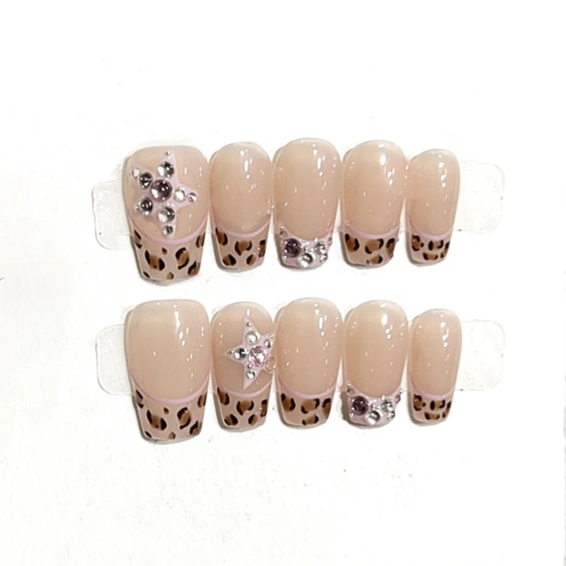 10Pcs Leopard Print French Short Ballet Fake Nails Brown Cat Eye Gradient with Diamond Nail False Handmade Press on Nail Tip Art