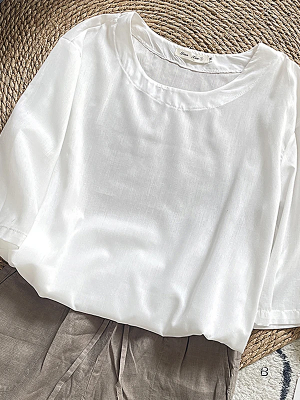 

Свободный крой, льняной топ, большой размер, модный, универсальный, белый, круглый, Ne Seven Sve, женский повседневный топ для поездок на работу, летний