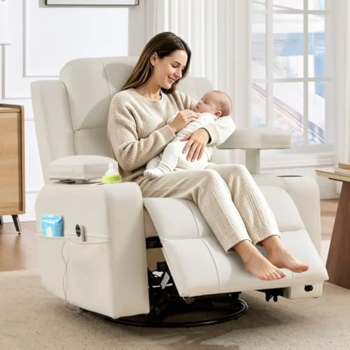 Power Adjustable Swivel Rocker Recliner with Ergonomic Arm Support and Smooth 270° Rotation Plus 30° Rocking Motion in Premium W