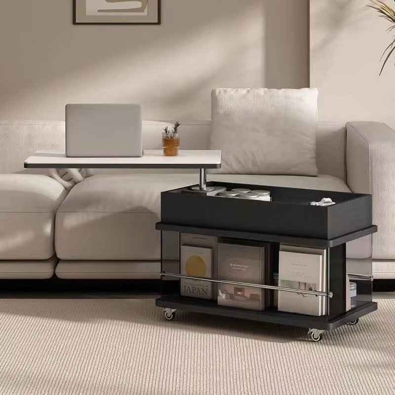 Stylish modern coffee table with wheels, can be lifted and lowered, the countertop is burnt stone, environmentally friendly
