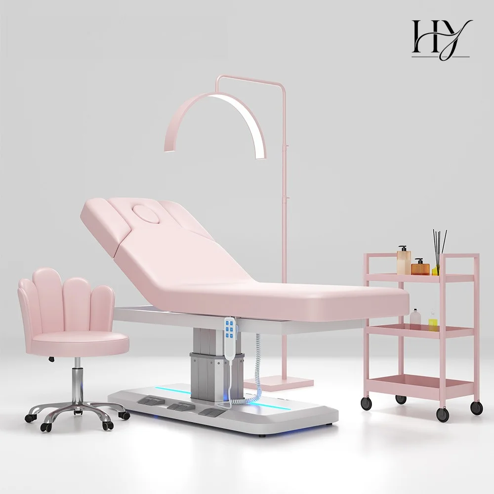 Salon Furniture 3 Motors Electric Beauty Bed Single Column Base Salon Electric Spa Massage Bed With Built-in Foot Control