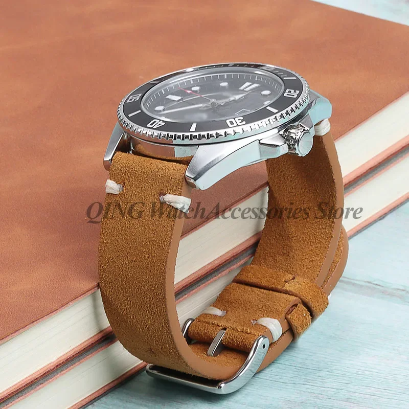 Suede Stitching Genuine Leather Watch Band 18mm 20mm 22mm Quick Release Vintage Bracelet Blue Brown Watch Strap Replacement