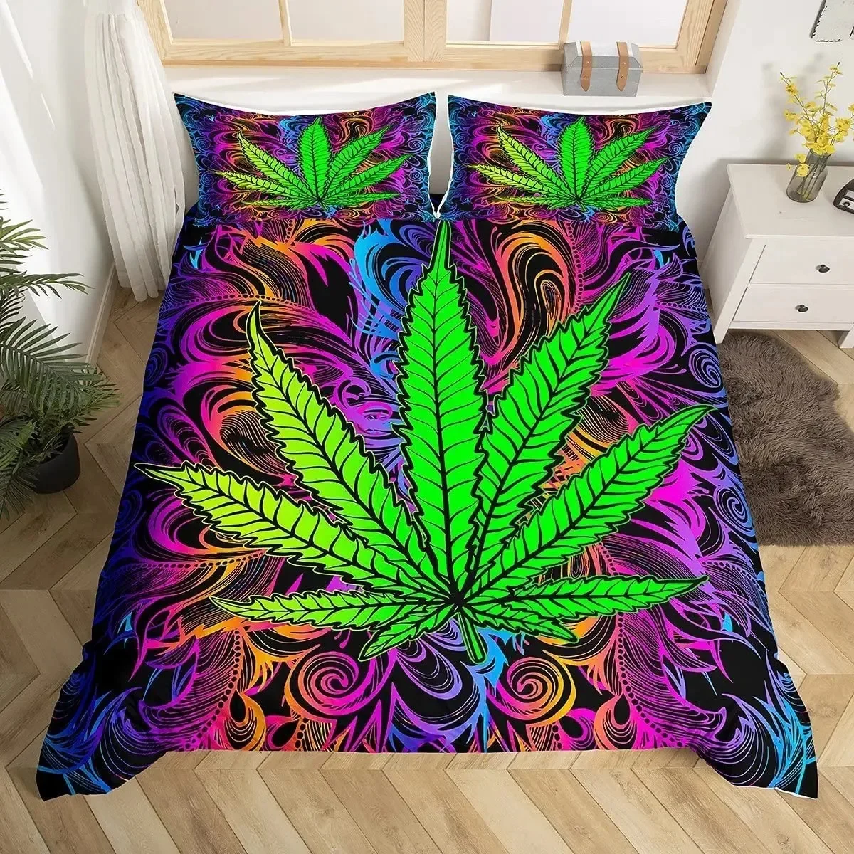 

Trippy Marijuana Leaf Duvet Cover Set Bohemian Blue Purple Mandala Bedding Set Boho Green Cannabis Leaves Comforter Cover Queen