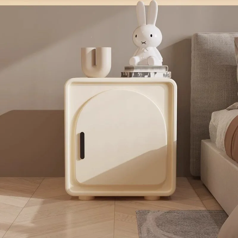 Nordic Minimalist Bedside Table, Cream Style Lacquered Nightstand for Modern Bedroom