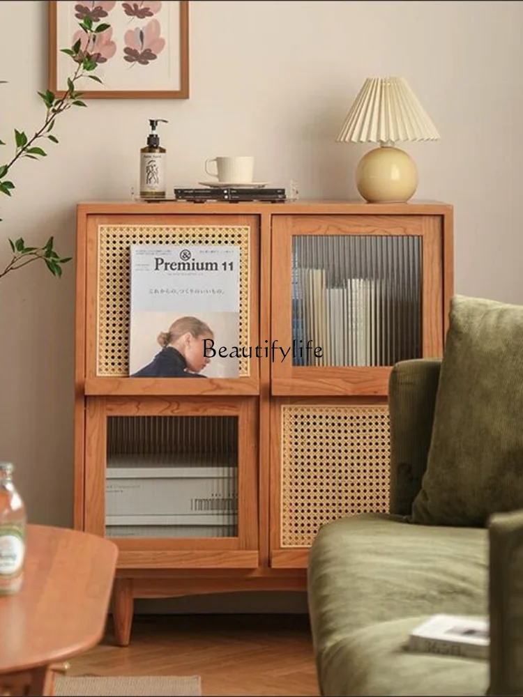 Japanese-Style Rattan Solid Wood Glass Magazine Modern Simple Storage Storage Cabinet