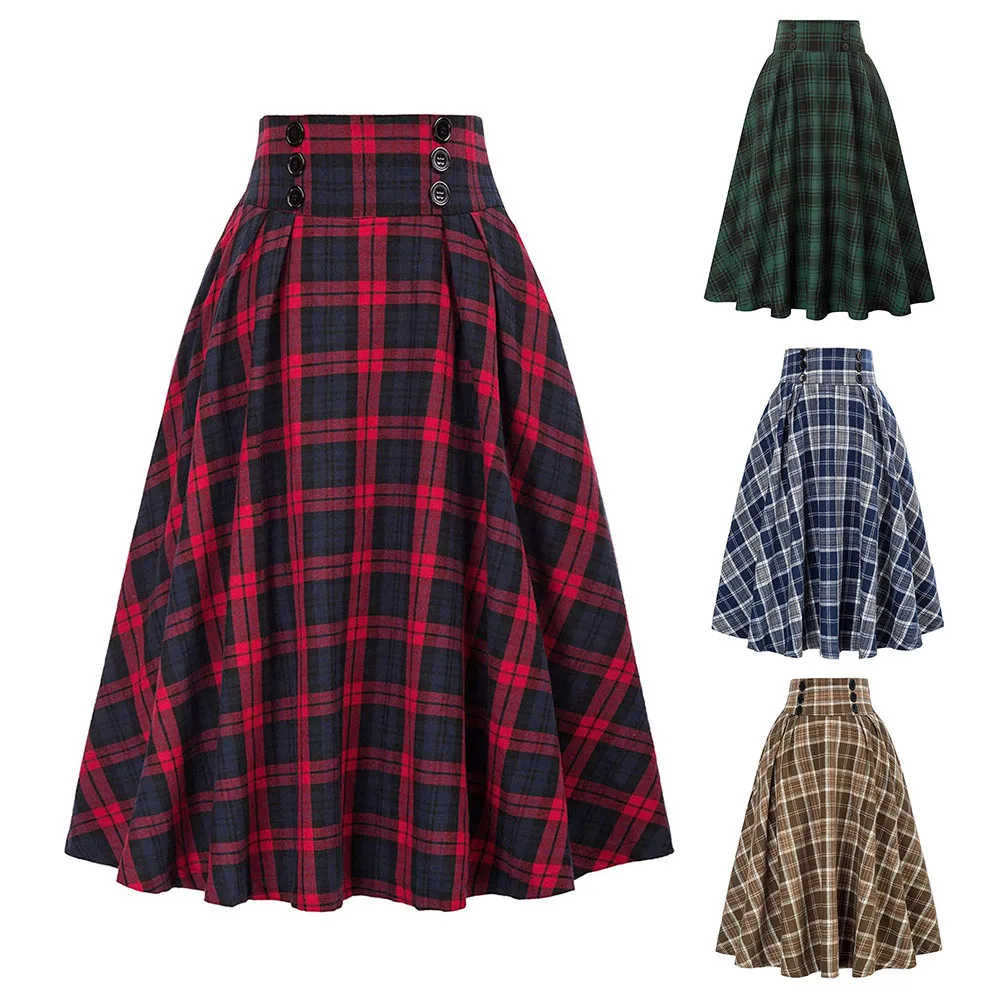 Women Skirt Skirt A Line Skirt Elegant High Waist Ladies Loose Dress Long Skirt Vintage Women Tartan Check Plaid