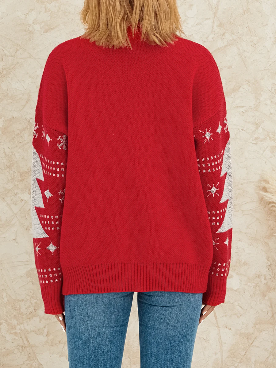 Men Women Christmas Sweater Reindeer Patterned Crew Neck Long Sleeve Pullover Knitwear with Rib-Knit Hem XS M L XL