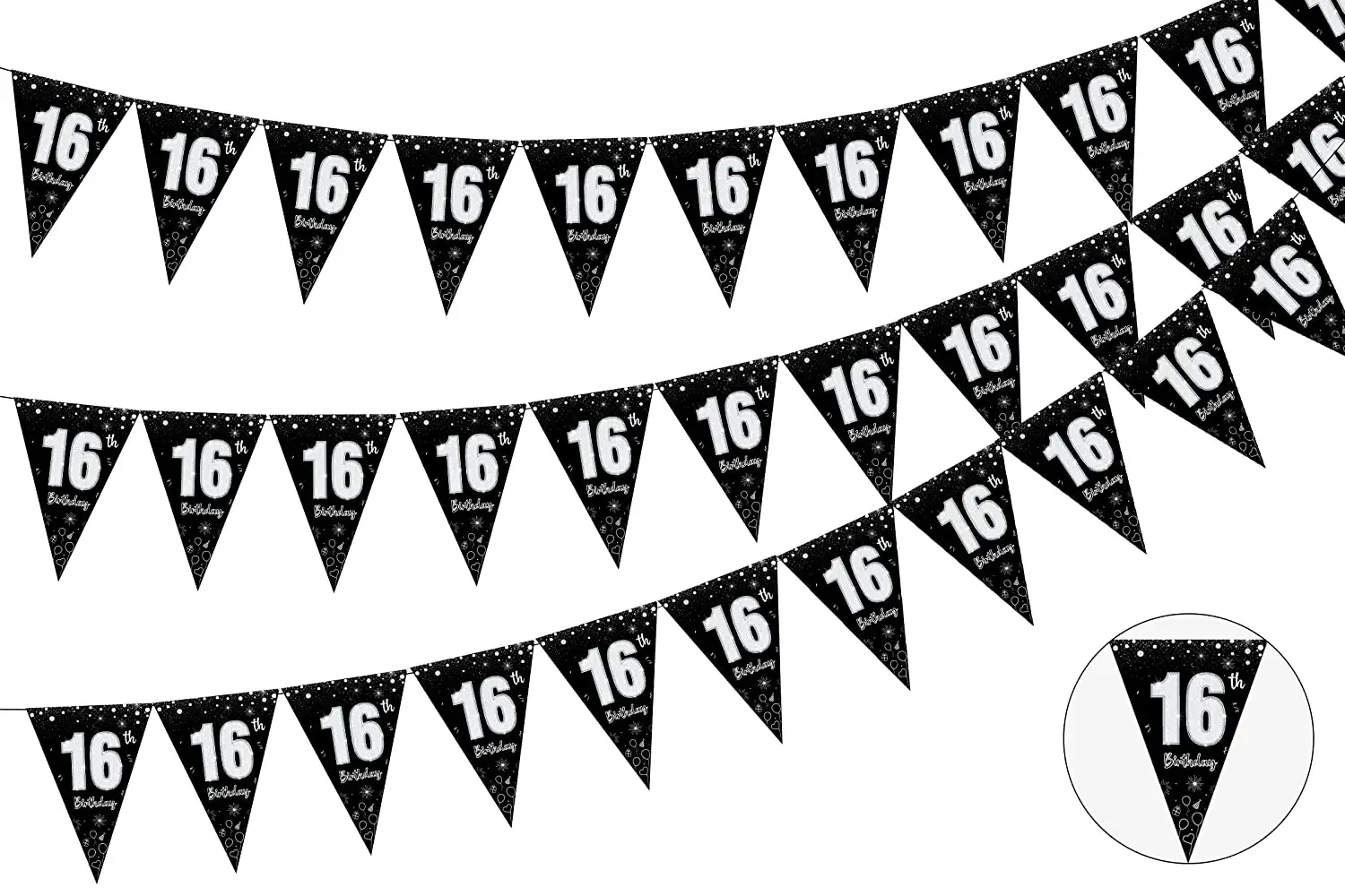 

Birthday Decorations for Boys and Girls, Black and Silver,Triangle Flag, Bunting Banner, Happy Birthday Pennant