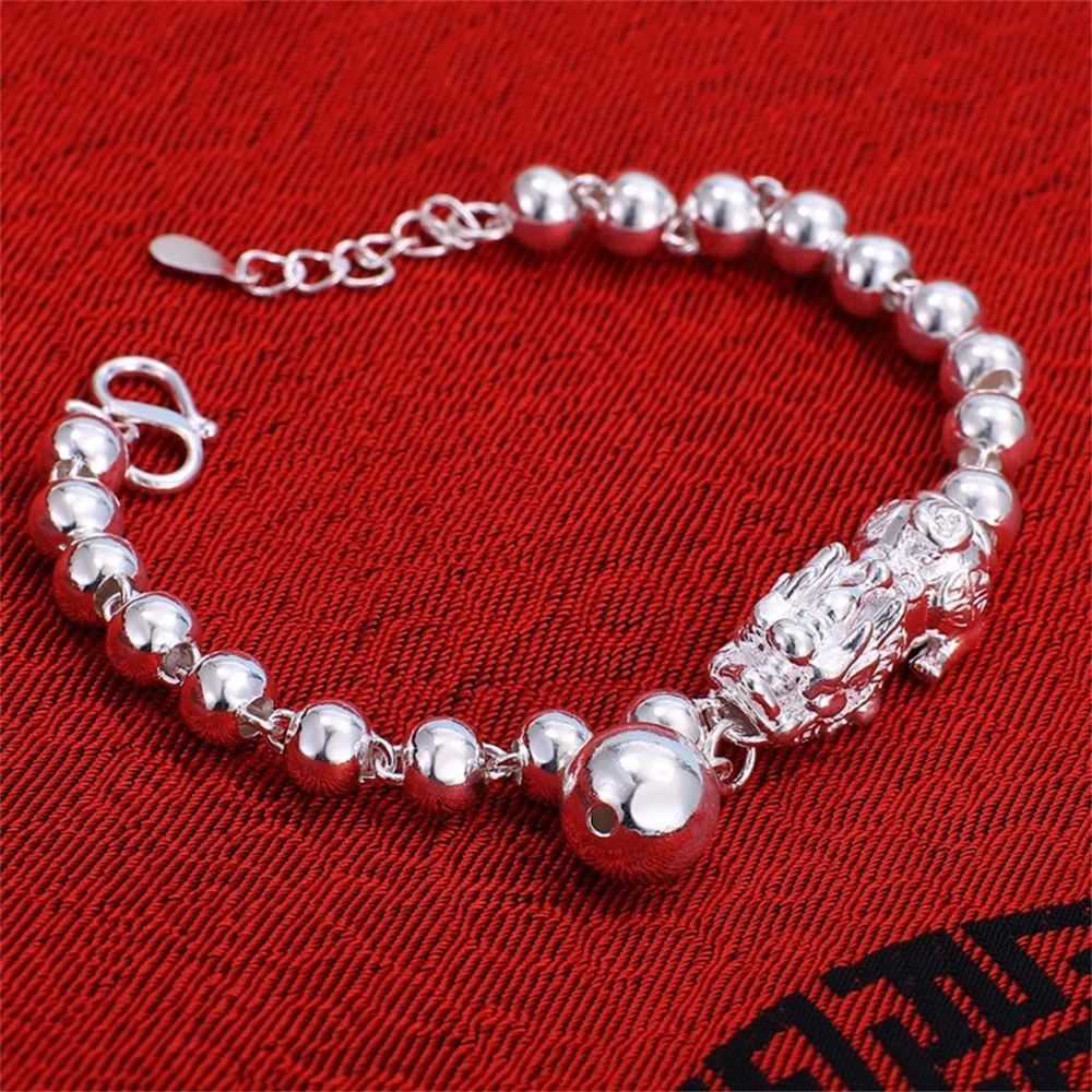 OUYADI Fashion 999 Sterling Silver Pixiu Beaded Bracelet, Adjustable Extension‑Chain For Daily Wear & Holiday Couple Gifting