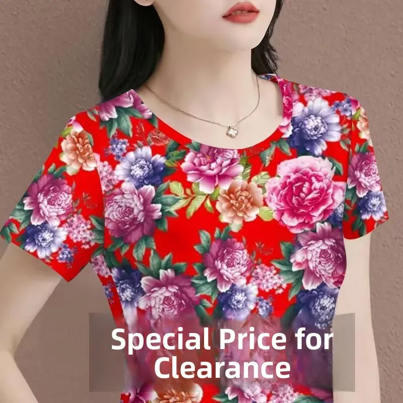 Summer Ice Silk Short Sleeve Women's T-shirt Belly Covering Trendy Top Commute Style Loose Fit Floral Print round Neck