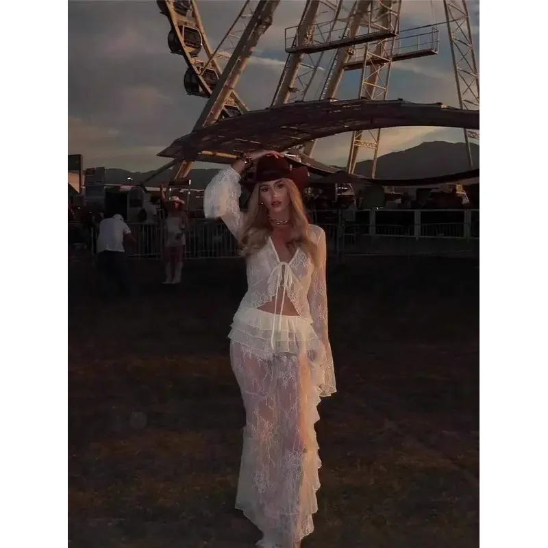 Sexy Mesh Lace Skirt 2 Piece Set Women Tie Up V-neck Flare Long Sleeve Crop Top And Ruffle Ribbon Long Skirt See Through Outfits
