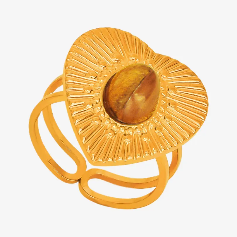 Real Tiger Eye Stone Ring Sun Heart Stainless Steel Open Rings For Women Men Accessories Real Gold Plated Vintage Jewelry Anillo