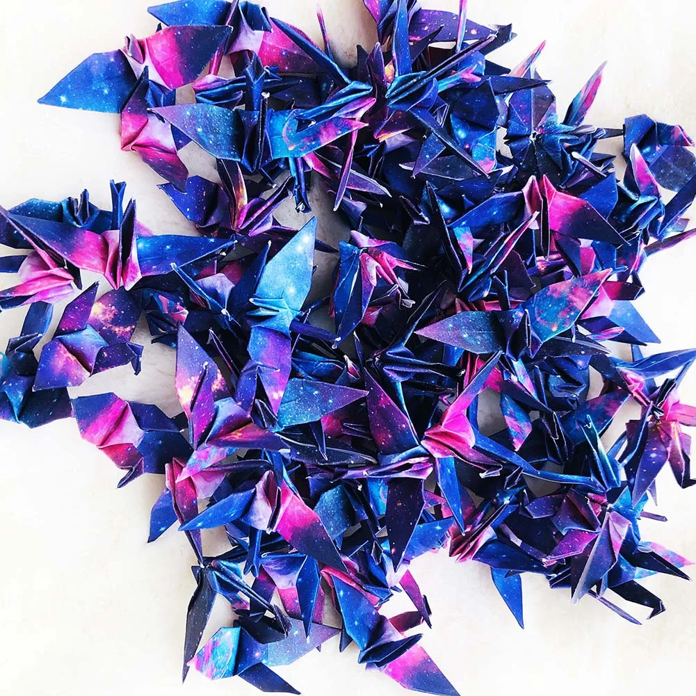 100 Pieces 6.3cm Premade Origami Crane Folding Starry Theme Gifts for Kids DIY Making Origami Crane Birthday