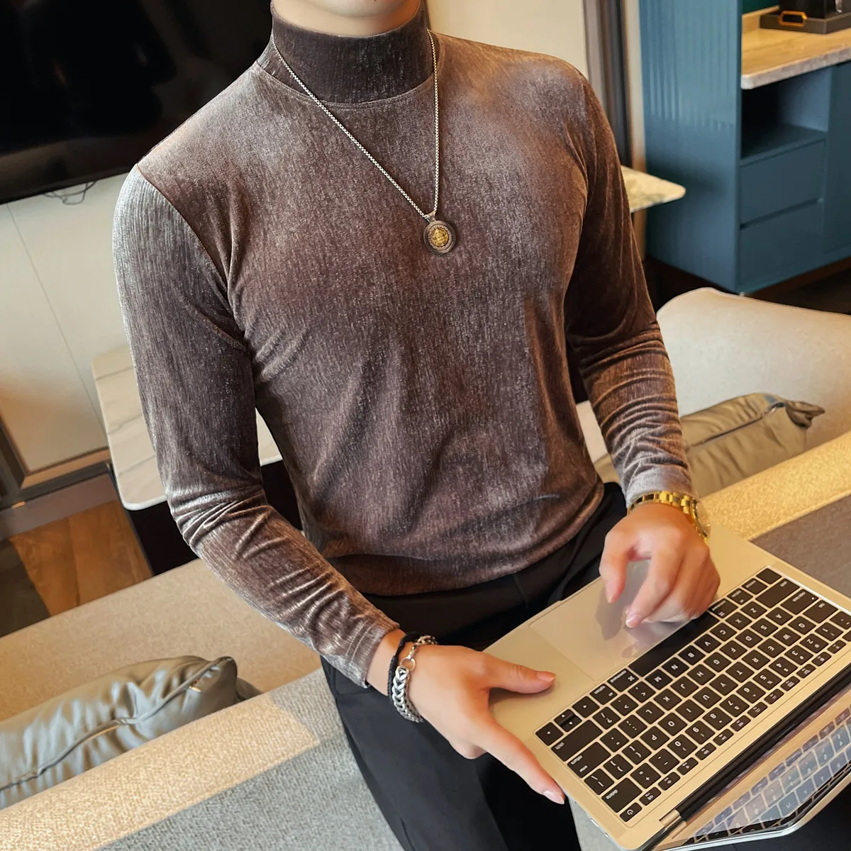 

Осень-зима бархатная мужская футболка с длинным рукавом с воротником-стойкой облегающая эластичная базовая рубашка удобная повседневная деловая социальная футболка топ