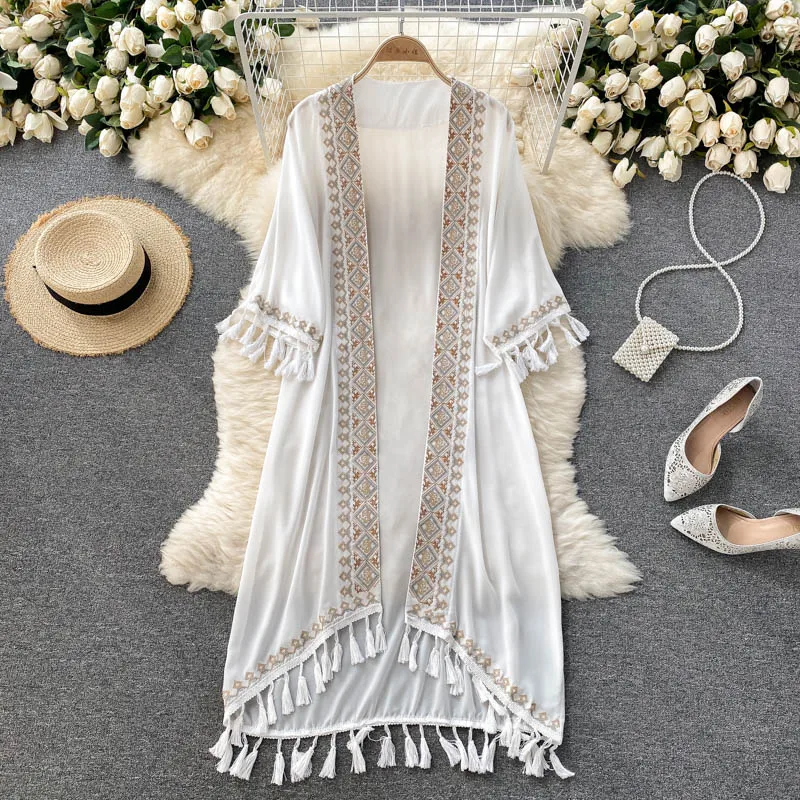 

Retro Ethnic Style Bohemian Beach Cardigans 2025 Summer Women Long Embroidery Cardigan Coat Lady Tassel Sunscreen Chiffon Shirt