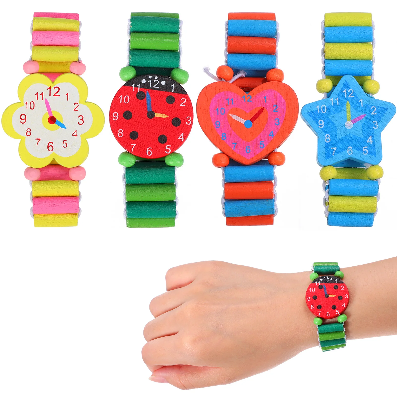 4Pcs Kids Wooden Cartoon Watch Wristband Creative Stretchy Band for Birthday Party Favors Baby Shower Souvenirs