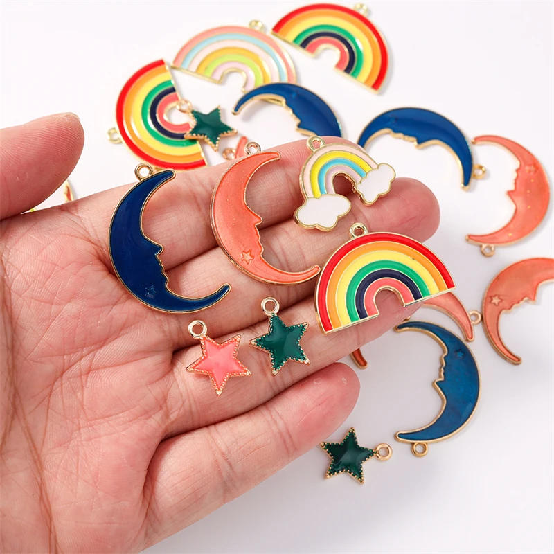 10 Stück niedliche, gemischte Emaille-Anhänger in Form von Regenbogen, Mond und Stern für die Schmuckherstellung, Ohrringe, Halsketten, Armbänder, DIY-Bastelarbeiten und Accessoires. – Detail 2