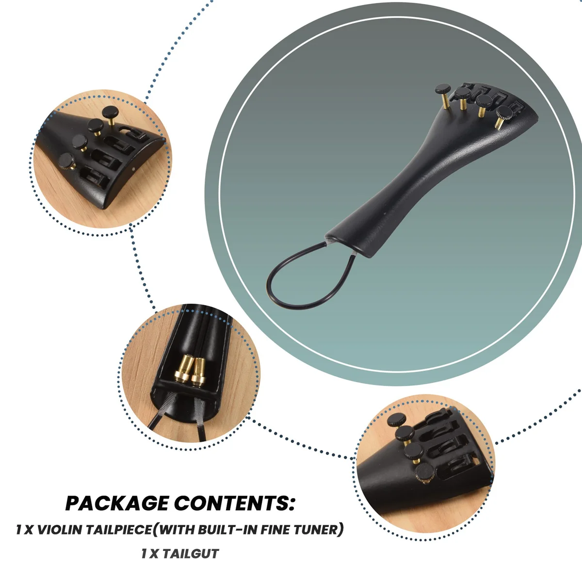 A9oP- 3/4 4/4 Violin Fiddle Tailpiece Hill Style with 1pcs Tailgut Tailcord 4 Fine Tuners Aluminum Alloy Durable Strong