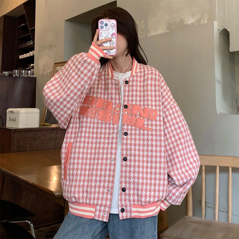 Stunning Plaid Baseball Jacket for Women Autumn Winter Outerwear Student Fashion Trend Button Detail Embroidery Pocket Design