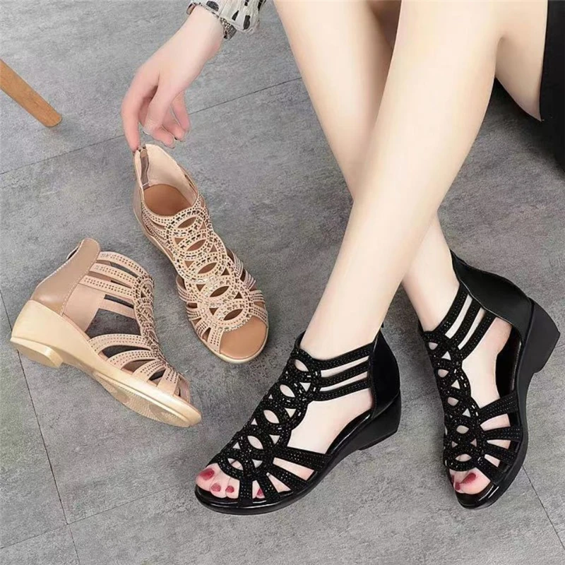 Soft Leather Roman Sandals Shoes For Women Summer Mother Wedges Heel Femme Sandalias Sandalet Sandalen Damen Zapatos Mujer 2023