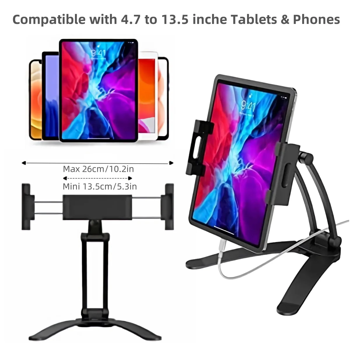 Kitchen Cabinet Wall Tablet Mount 360° Rotating Metal Phone Tablet Bracket 5-13.5” Devices for IPad IPhone Tab Stand on Desktop