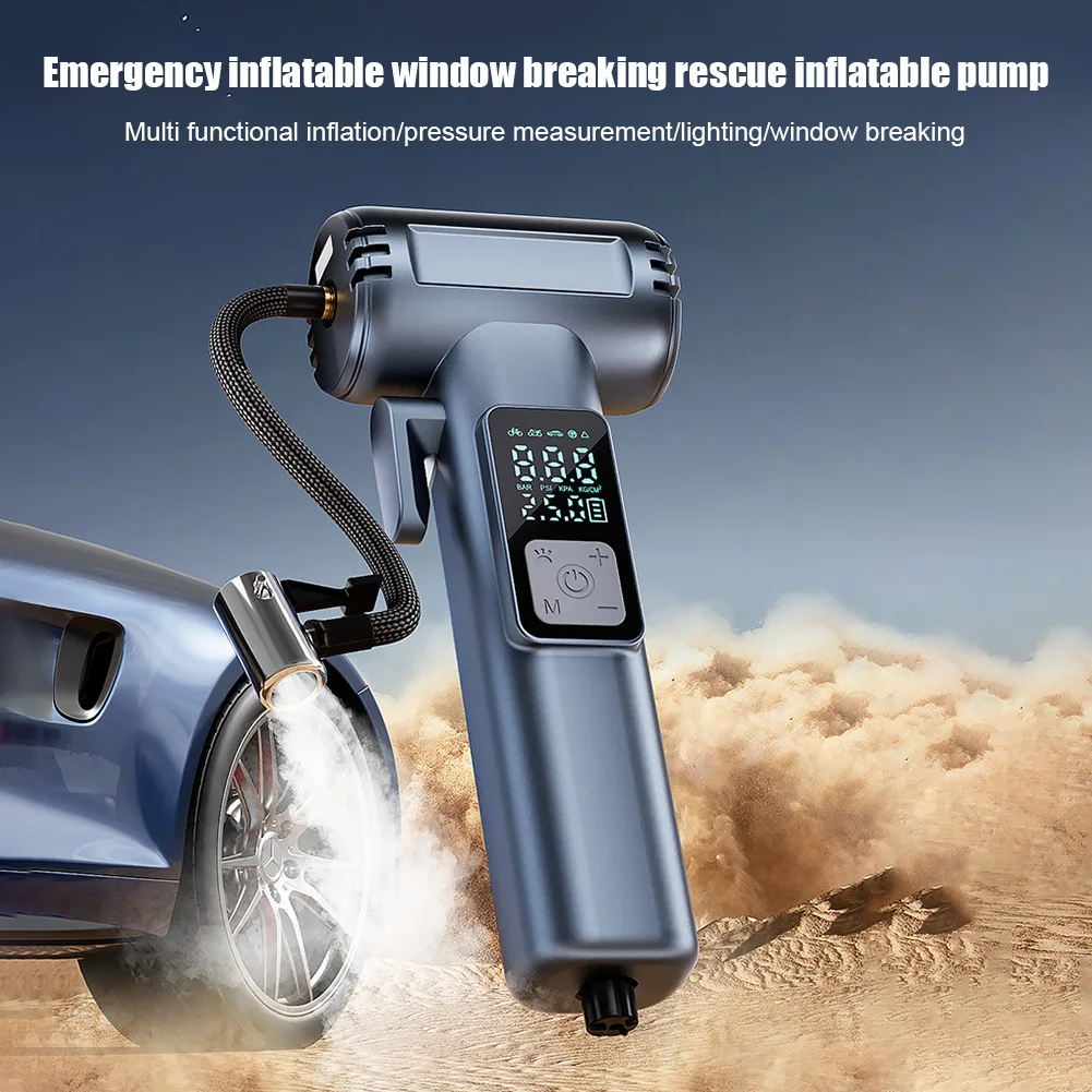 Tire Inflator Portable Air Compressor|Escape Tool with Safety Hammer and Seat Belt Cutter|Car Tire Air Pump with LED Light