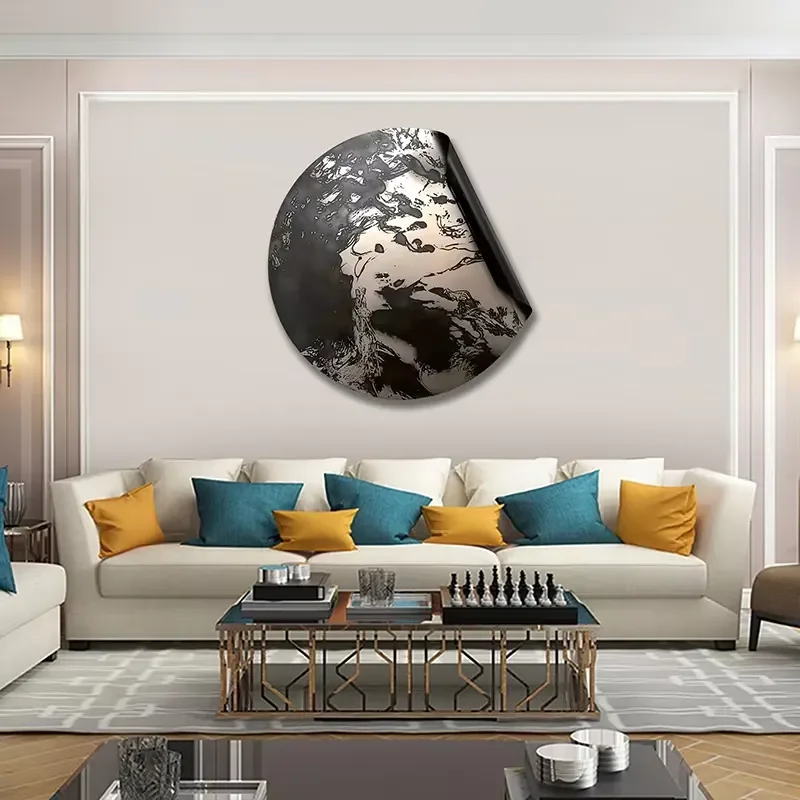 Abstract Circular Metallic Wall Decor | Black - Silver Textured Metal Art Panel