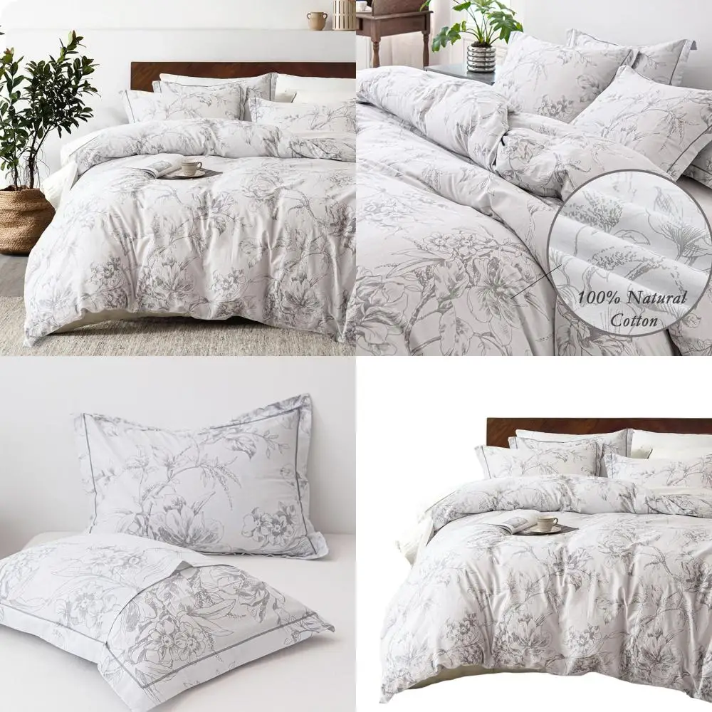 

Комплект пододеяльников королевского размера из трех предметов с ботаническим цветочным принтом белого цвета с серым элегантным цветочным узором