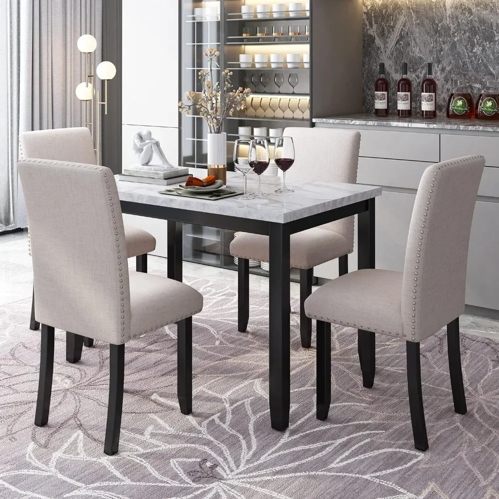 5 Piece Kitchen Table Set Wood Dining Table Set Rectangle Paper Marbling Table with 4 Upholstered Dining Chairs for Kitche