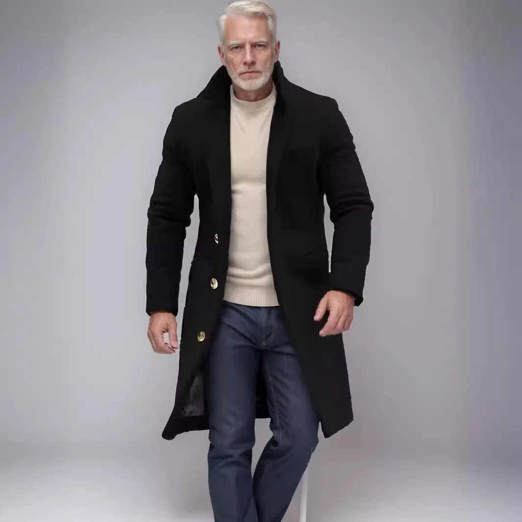 Winter Men Trench Coat Mid Length Long Sleeve Business Casual Male Outerwear Simple Solid Color Single-breasted Man Jacket