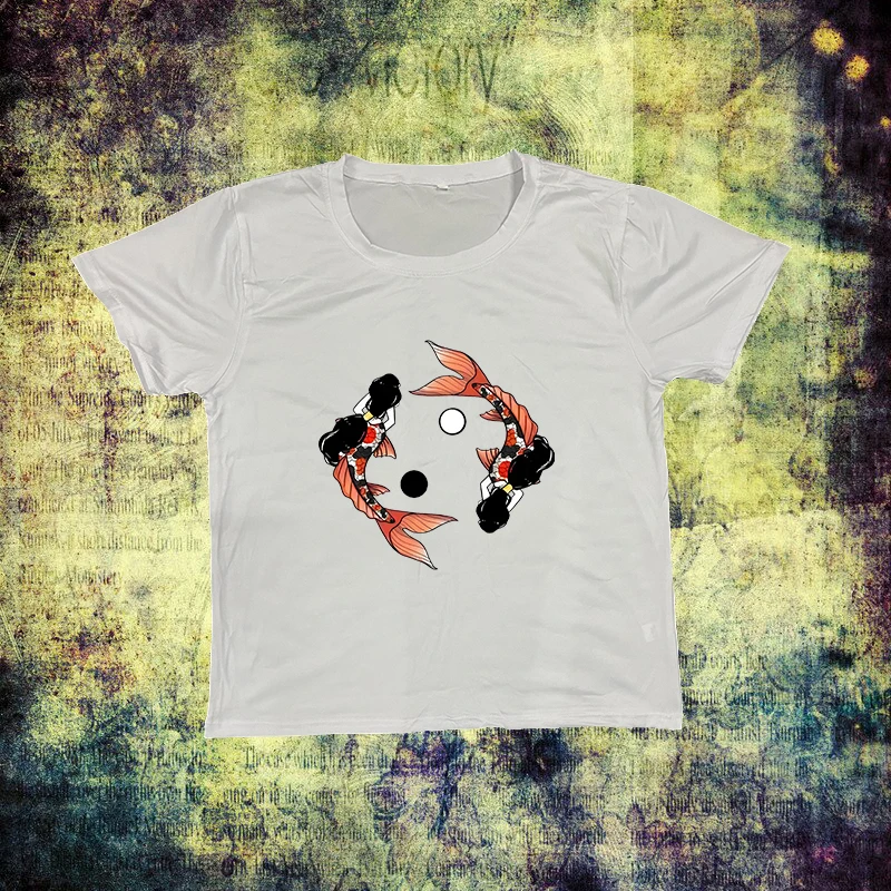 

Винтажная повседневная тонкая футболка с коротким рукавом 90-х годов, эстетичная уличная одежда в готическом стиле, в стиле панк, женская футболка Y2k, укороченный топ с креативным принтом рыбы