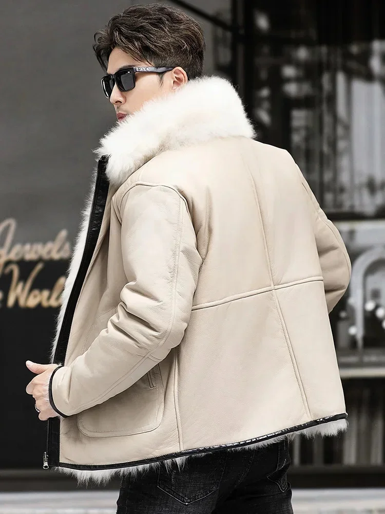 High-End Luxury Sheepskin Shearling Men's Stand Collar Coat Double-Sided White Genuine Leather Winter Wool Liner Warm Jacket Men