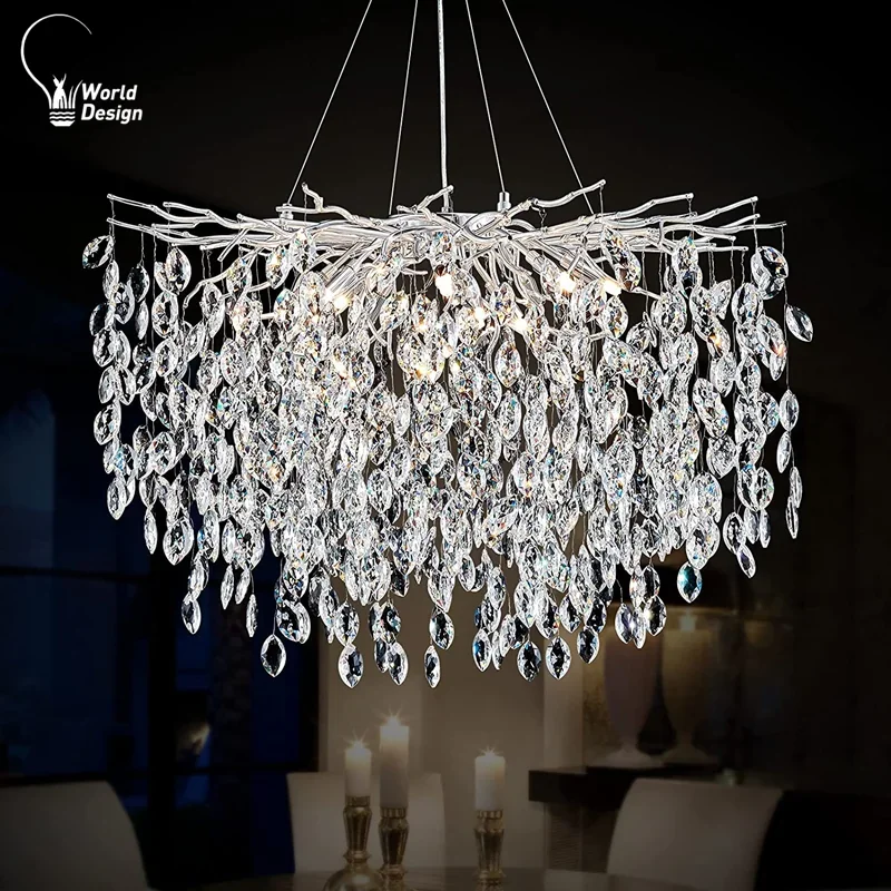 Silver Crystal Chandelier Modern Raindrop Long Ceiling Pendant Light Fixture Tree Branch Chandeliers for Dining Room Island