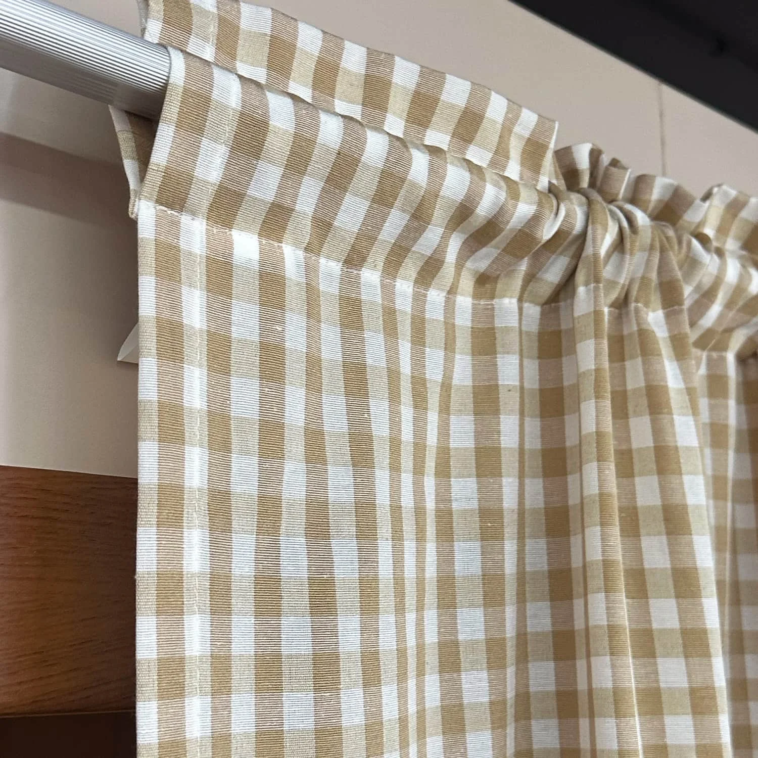 Farmhouse Gingham Window Curtain 2Pcs Faux Linen Pocket Curtains with Lace Trim Tassels Semi‑Sheer Drapes for Living Room Bedroo