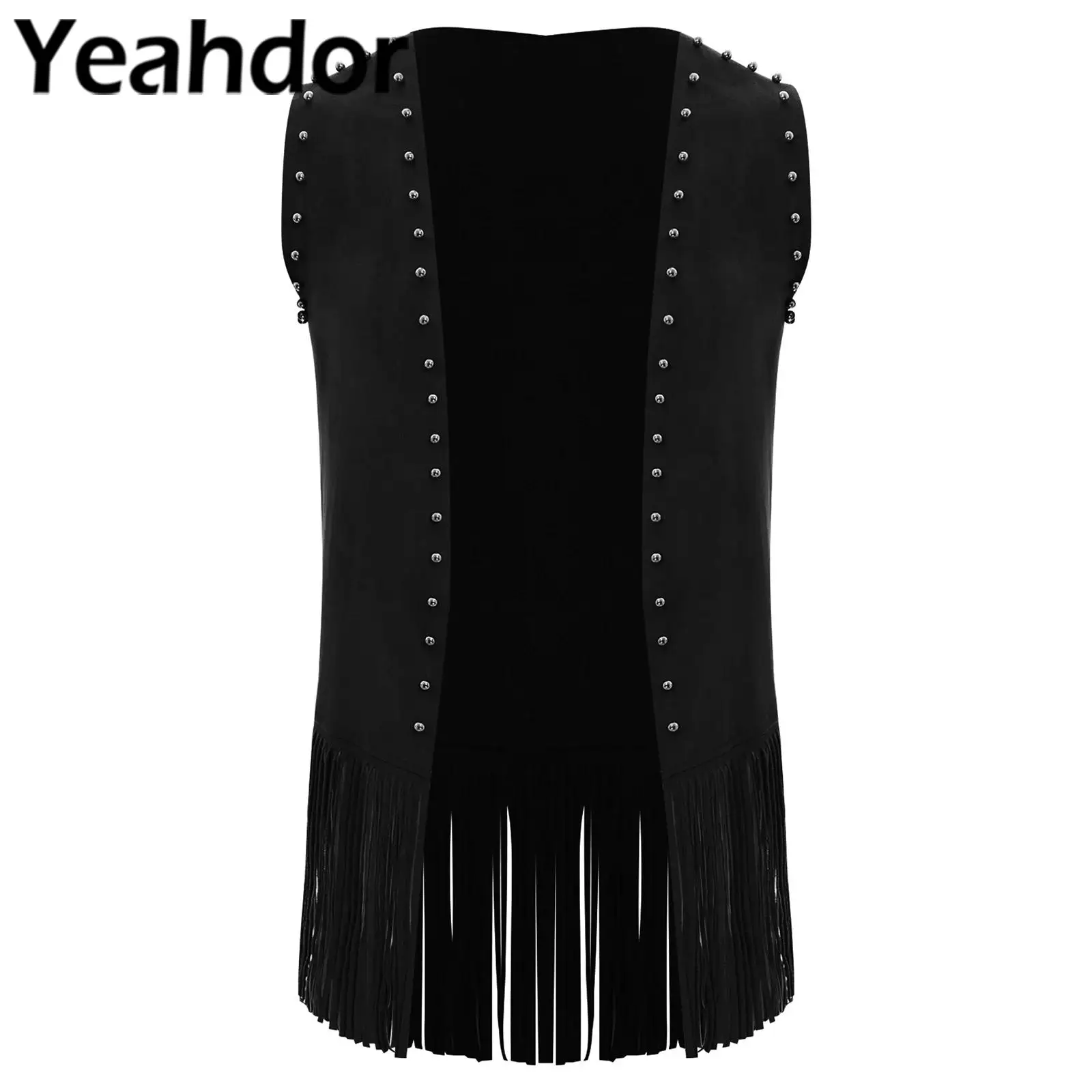 

Мужской ковбойский костюм для косплея, жилет на Хэллоуин, свободный жилет с бахромой, искусственная замша с заклепками, куртка без рукавов с кисточками, модное пальто