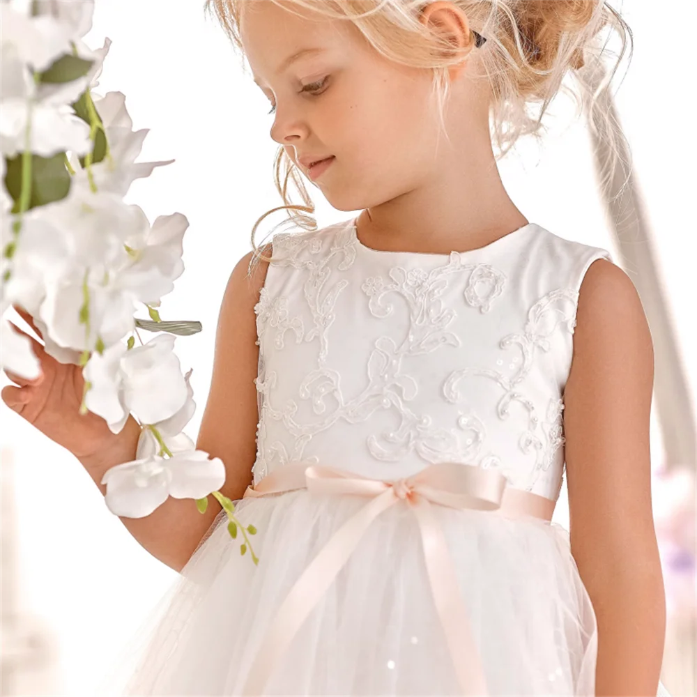 White Shiny Tulle Appliques Flower Girl Dresses Pink Belt With Zipper Sleeveless For Wedding Birthday Party First Communion Gown