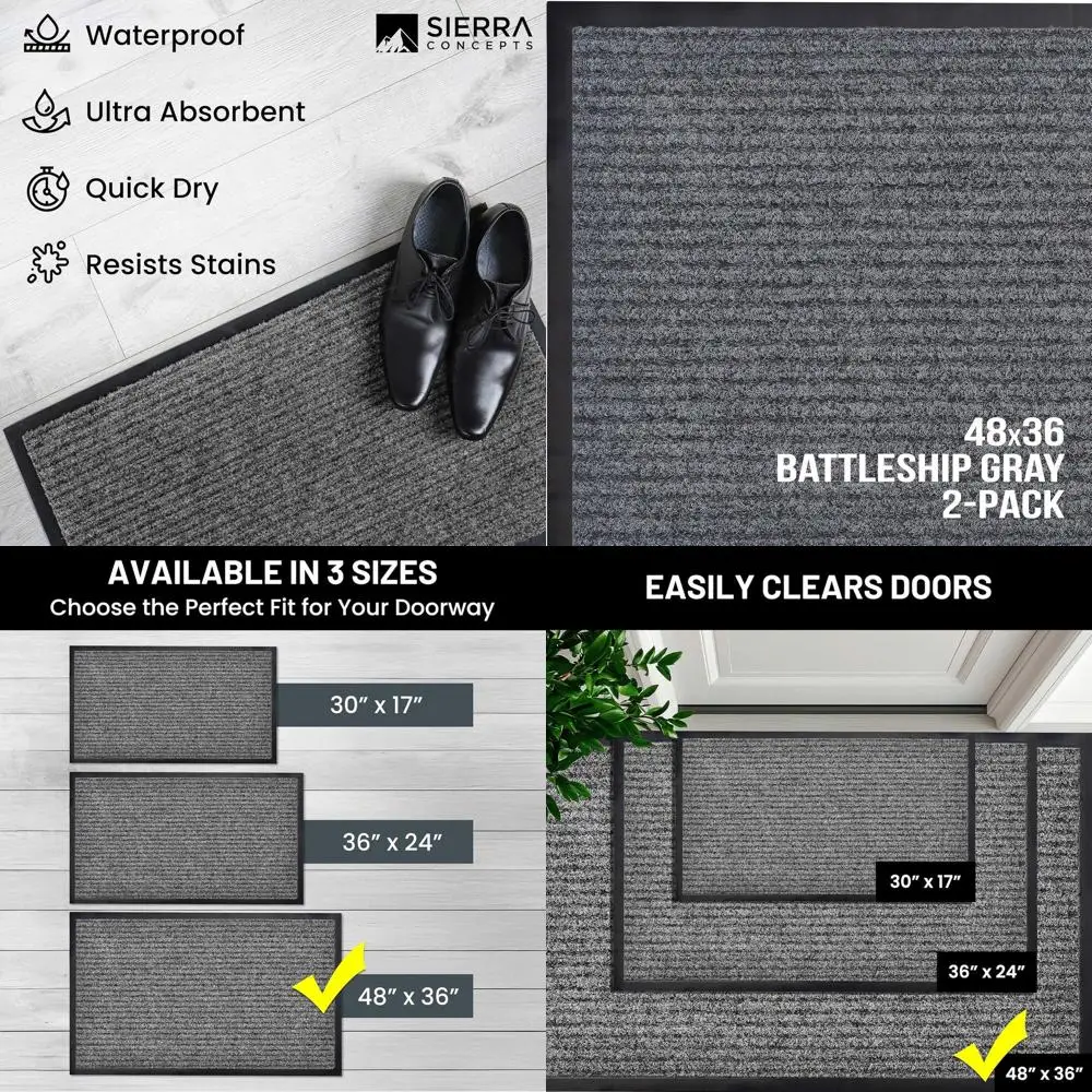 

Очень большой приветственный коврик для входной двери - 48x36 дюймов, для использования внутри и снаружи помещений, для прихожей, патио, веранды, для грязи и обуви, 2 штуки, серый