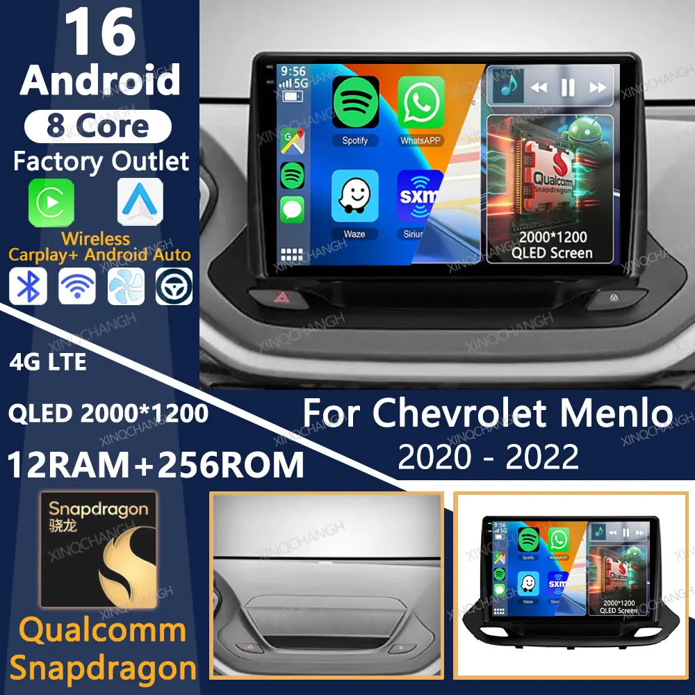 Autoradio Android 16 pour Chevrolet Menlo 2020 - 2022, lecteur multimédia vidéo, GPS, 4G, WIFI, écran QLED, navigation, Carplay, Auto