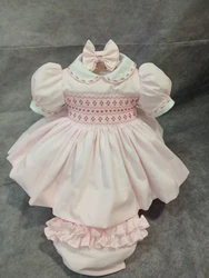 Baby Girl Summer Pink Flower Handmade Embroidery Smocked Dress with Pants for Eid Birthday Party Holiday Photography Casual A137