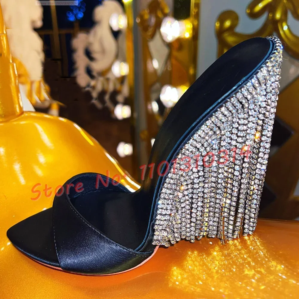 Shiny Diamond Chain Heeled Slippers Women Gorgeous Sliver Glitter High Thin Heels Shoes Open Toe Summer 2023 Sexy Ladies Slides