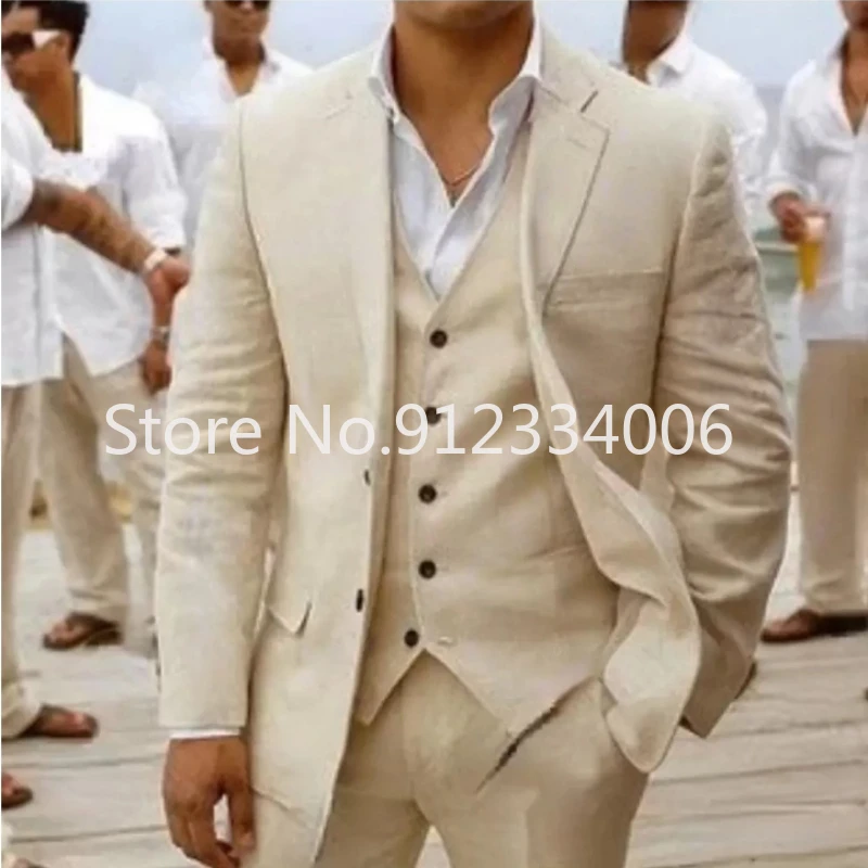 

2023 Suit Men Linen Beige Beach Wedding Suits for Men Casual Man Blazer Custom Groom Tuxedo Jacket Pants Set Mens Suits