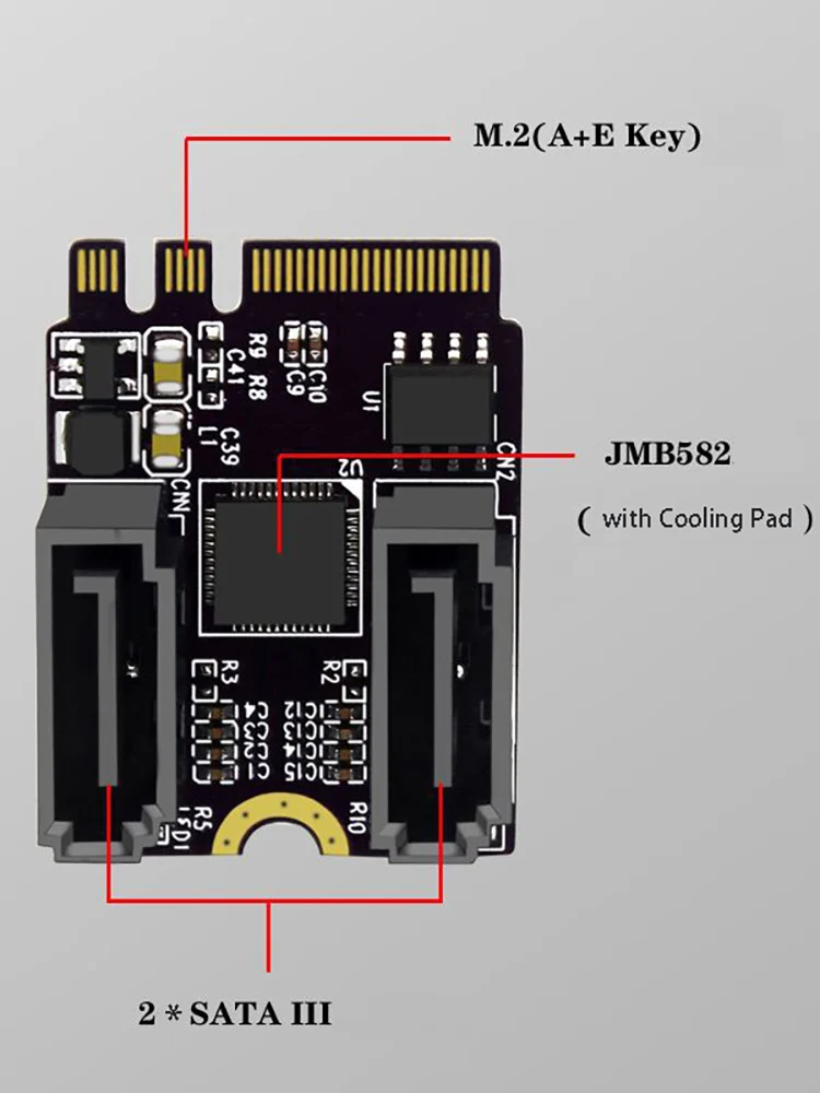 Adapter M.2 na SATA 3.0 A+E KEY Karta Rozszerzająca Konwerter 6GPS Adapter SATA Podłącz SSD HDD Dysk Bezpłatny JMB582 do PC Serwer Danych NVR — Zdjęcie 2 z 2