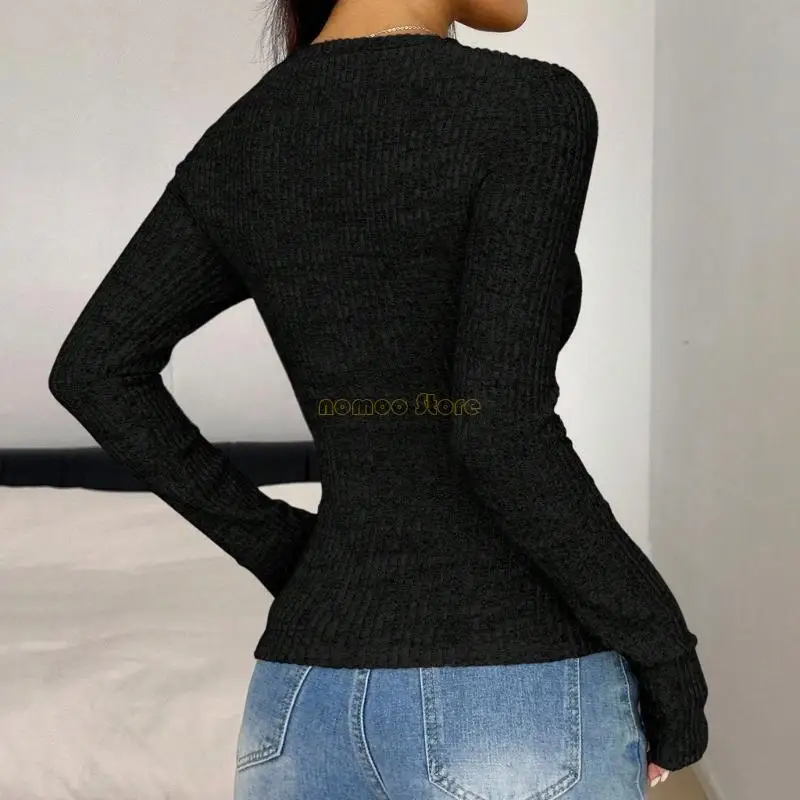 31BF Damestop met mouwen, casual kleur, fit T-shirt, kanten V-hals, geribbelde gebreide shirts