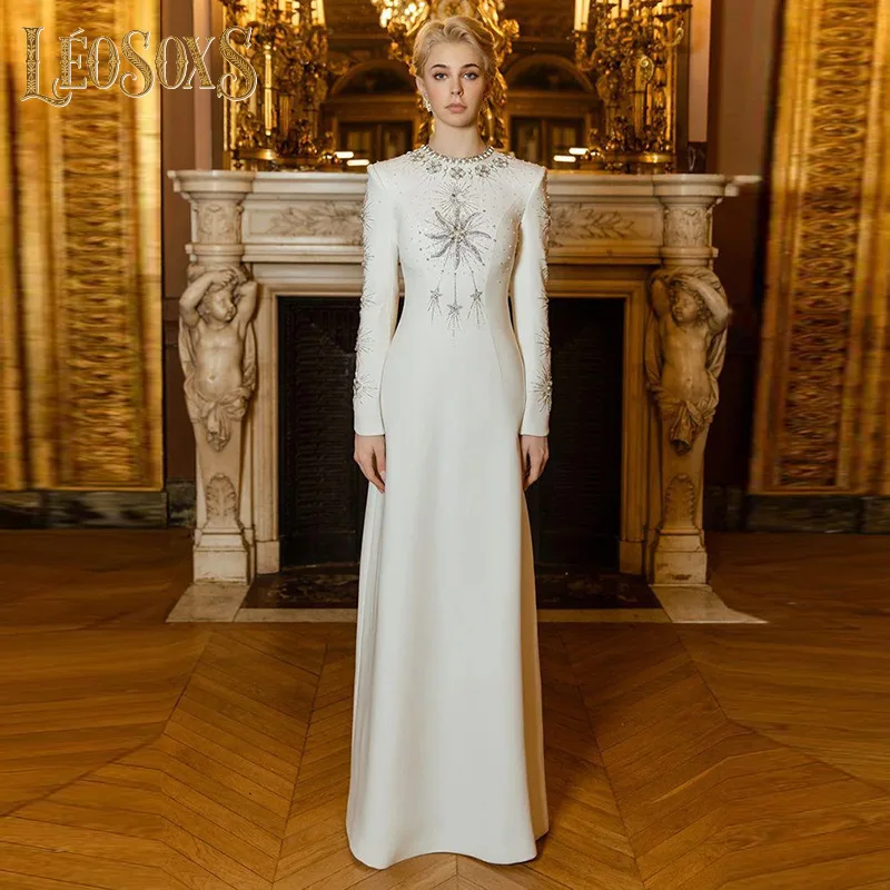 LEOSOXS Women's Exquisitely Crystal - Embellished Long - Sleeve Evening Dress With Star Pattern For Glamorous Elegant Galas 2025